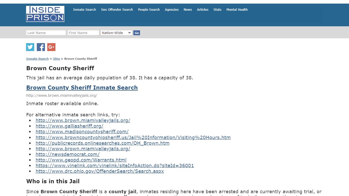 Brown County Sheriff - Ohio - Inmate Search